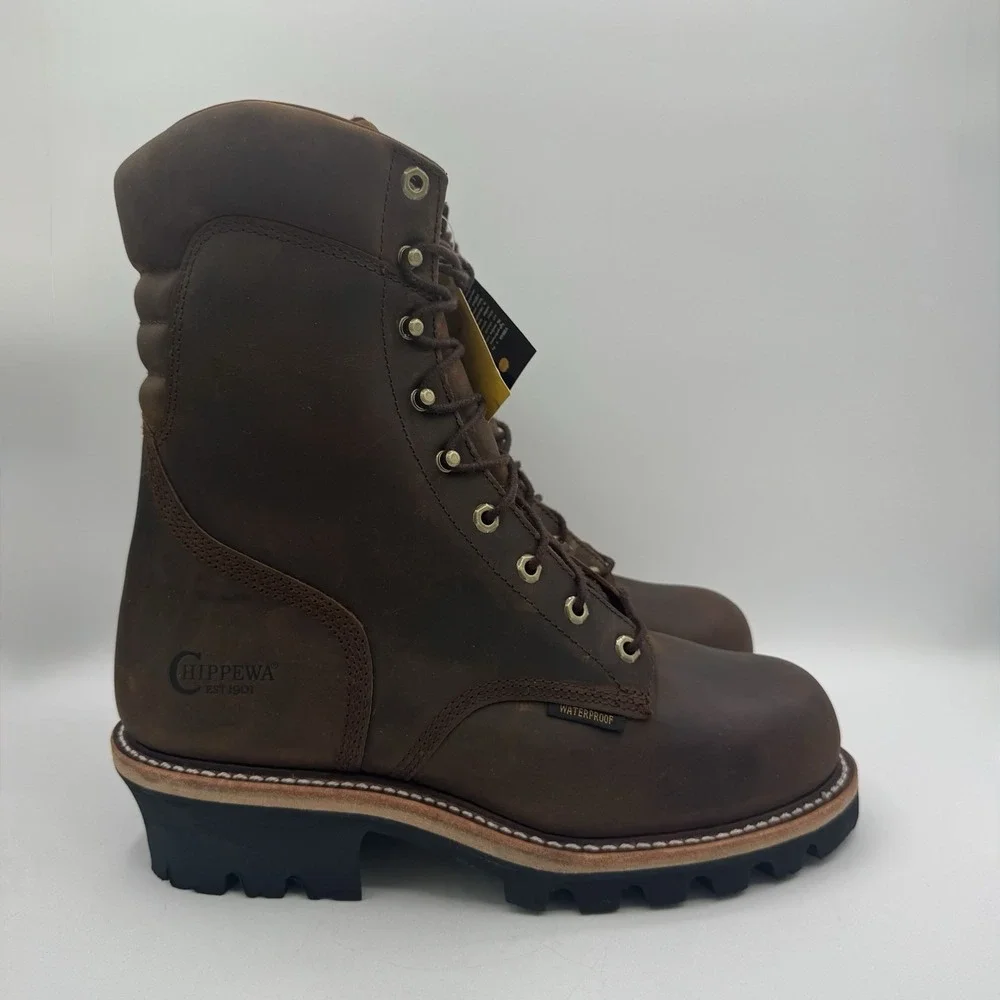 Chippewa Logger Boots‎ Men's Size 9.5 E Wide Tan Waterproof Leather Steel Toe